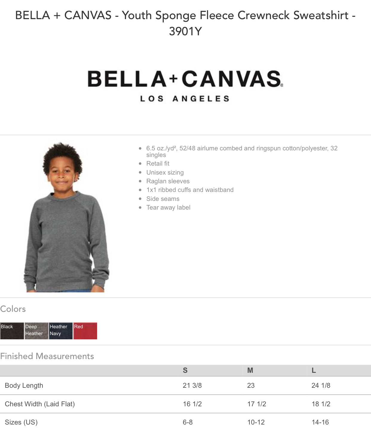 Size and Color Charts - Youth Bella Canvas