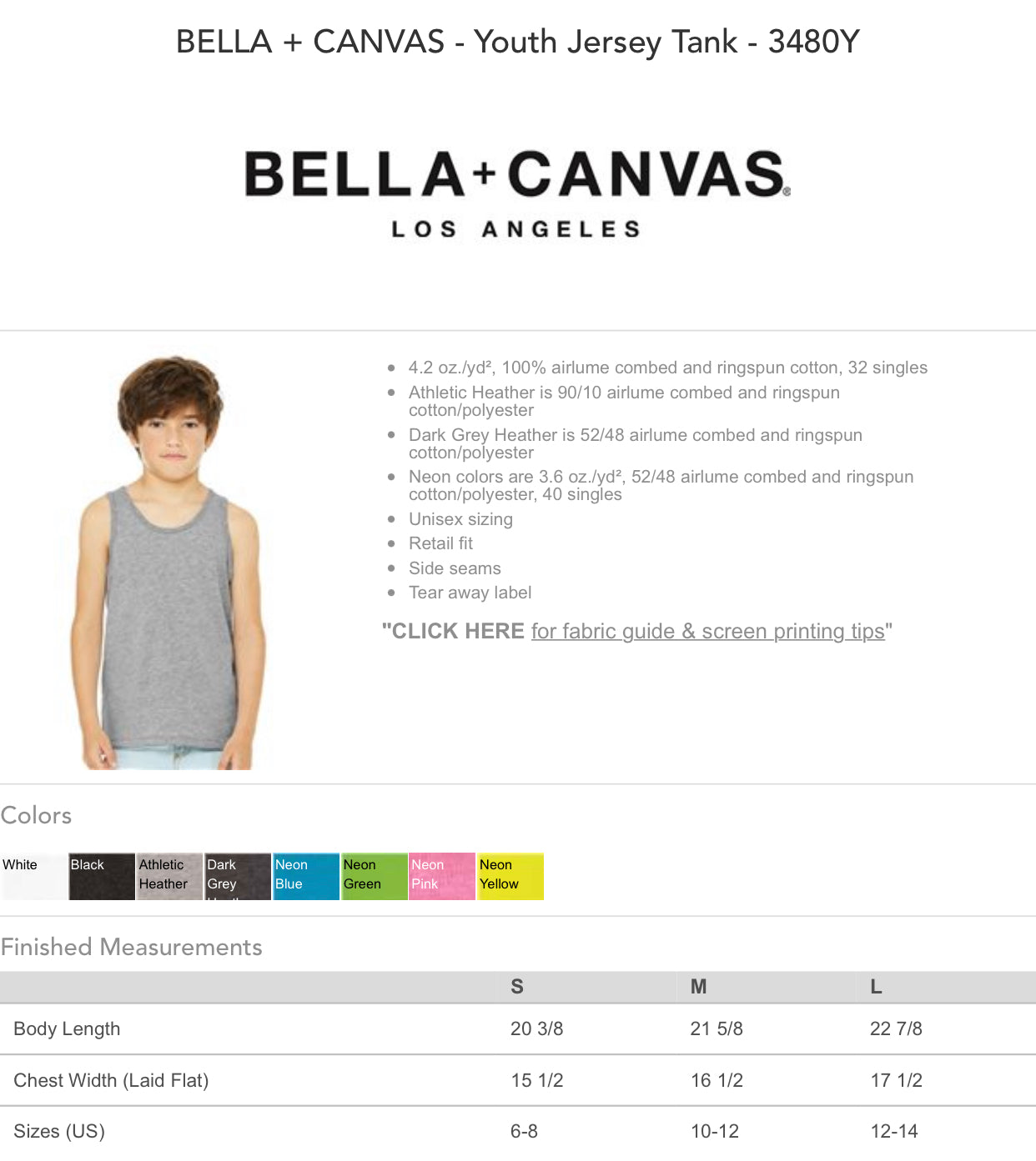 Size and Color Charts - Youth Bella Canvas