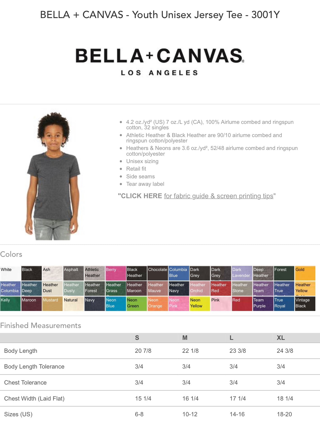 Size and Color Charts - Youth Bella Canvas