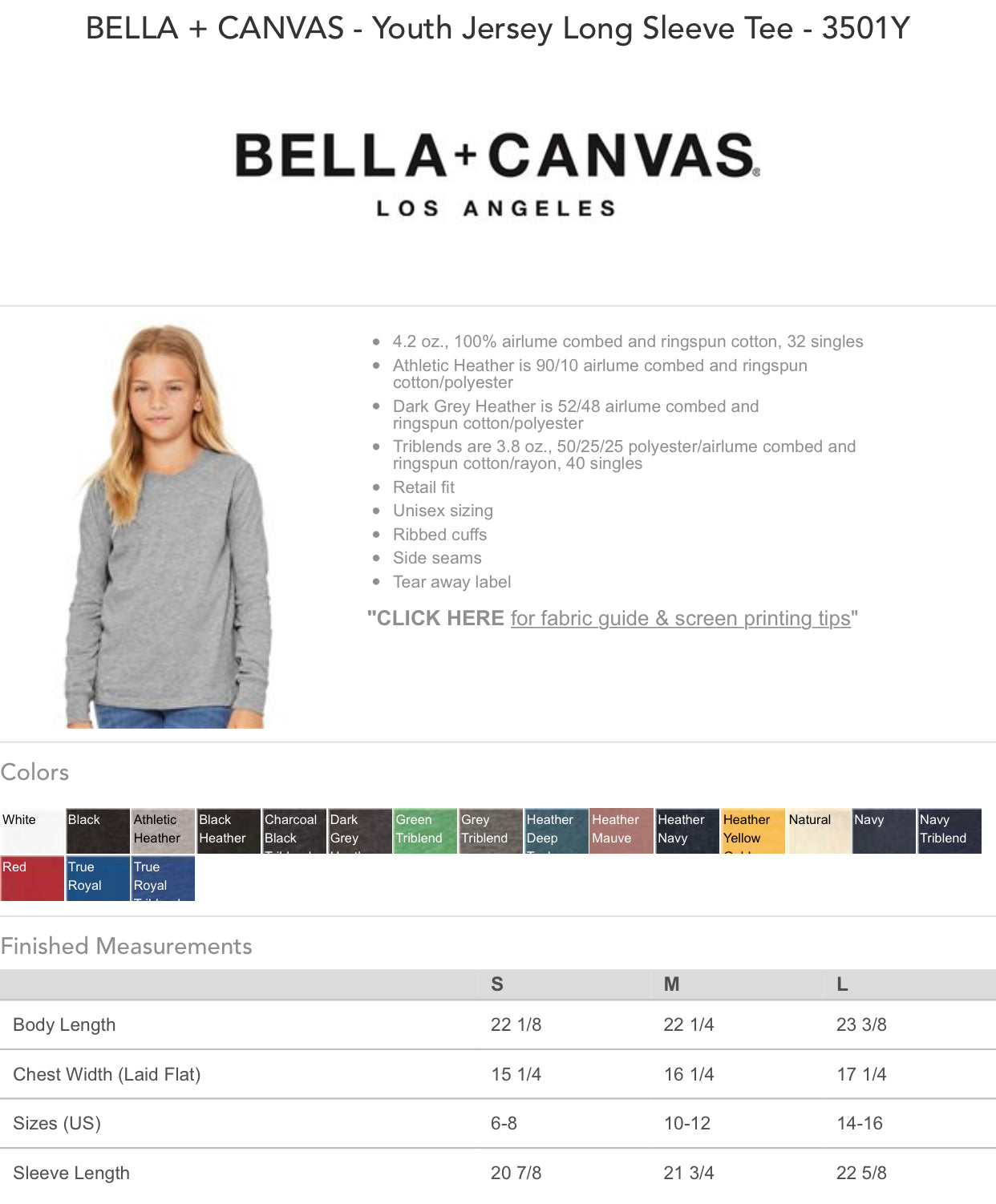 Size and Color Charts - Youth Bella Canvas