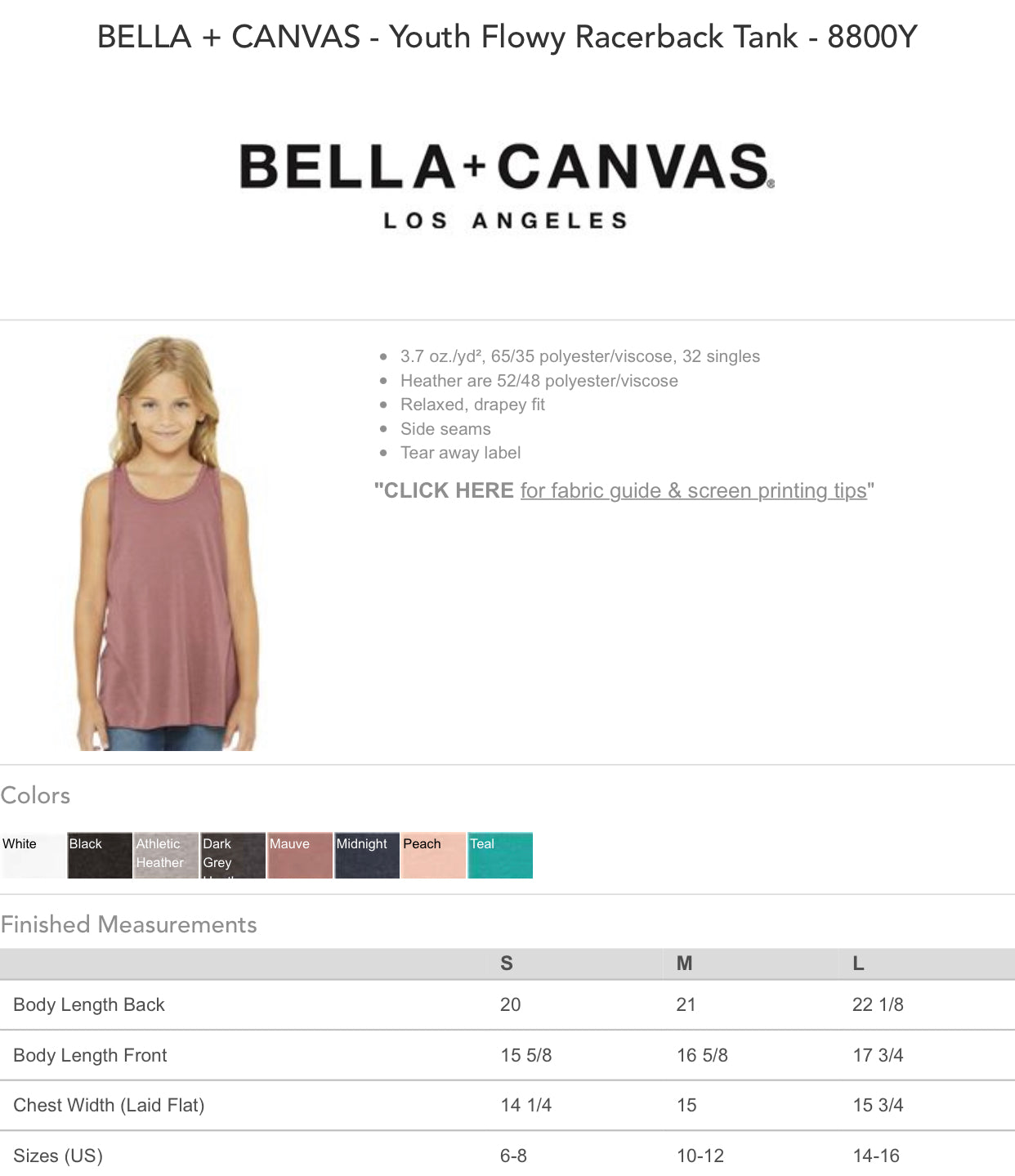 Size and Color Charts - Youth Bella Canvas