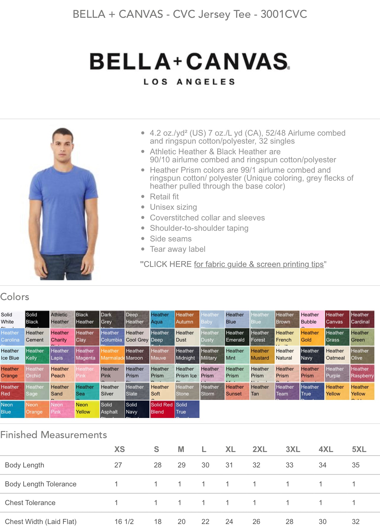 Size and Color Charts - Adult Bella Canvas