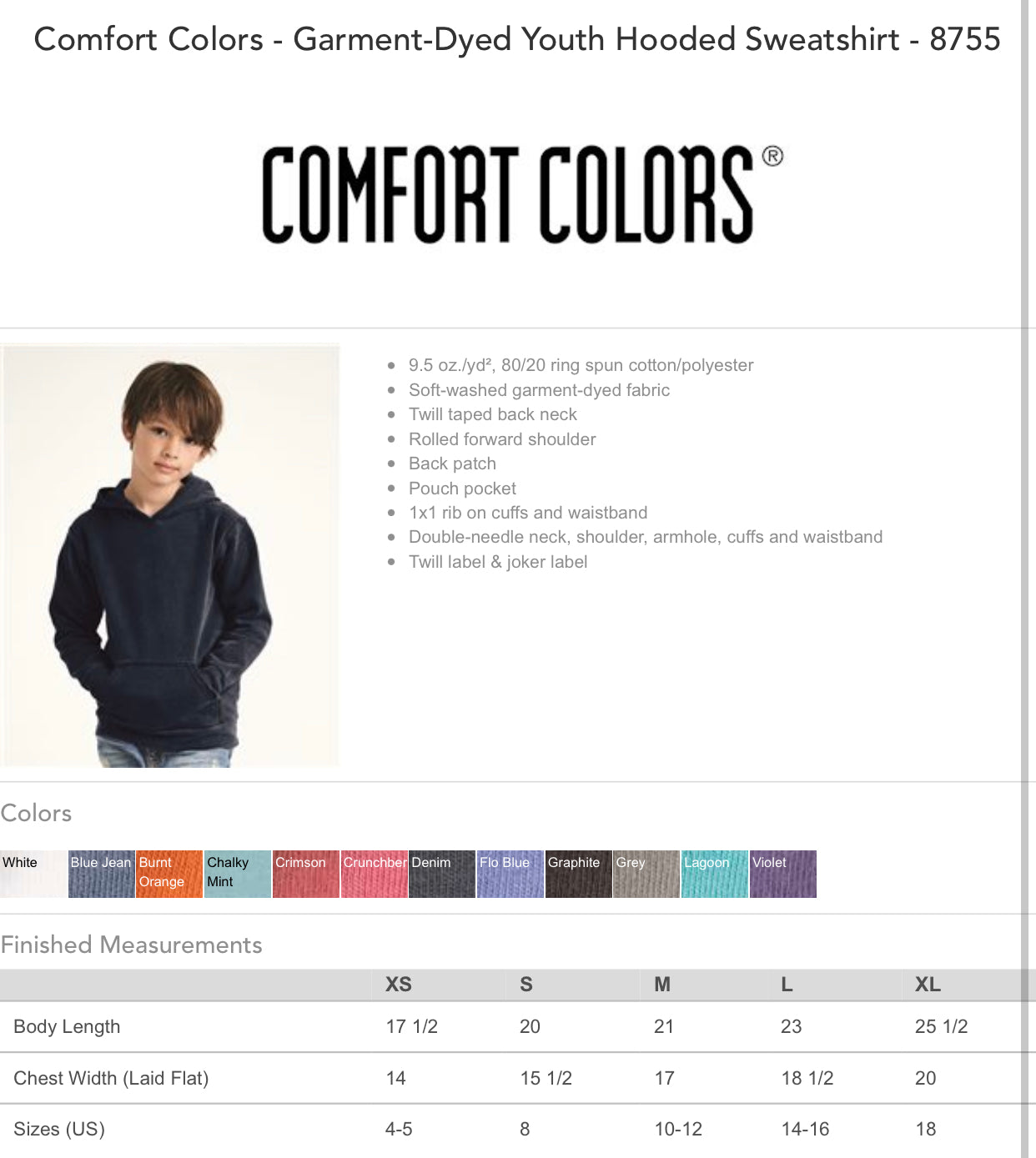 Size and Color Charts Youth Comfort Colors Johnnie Sue's