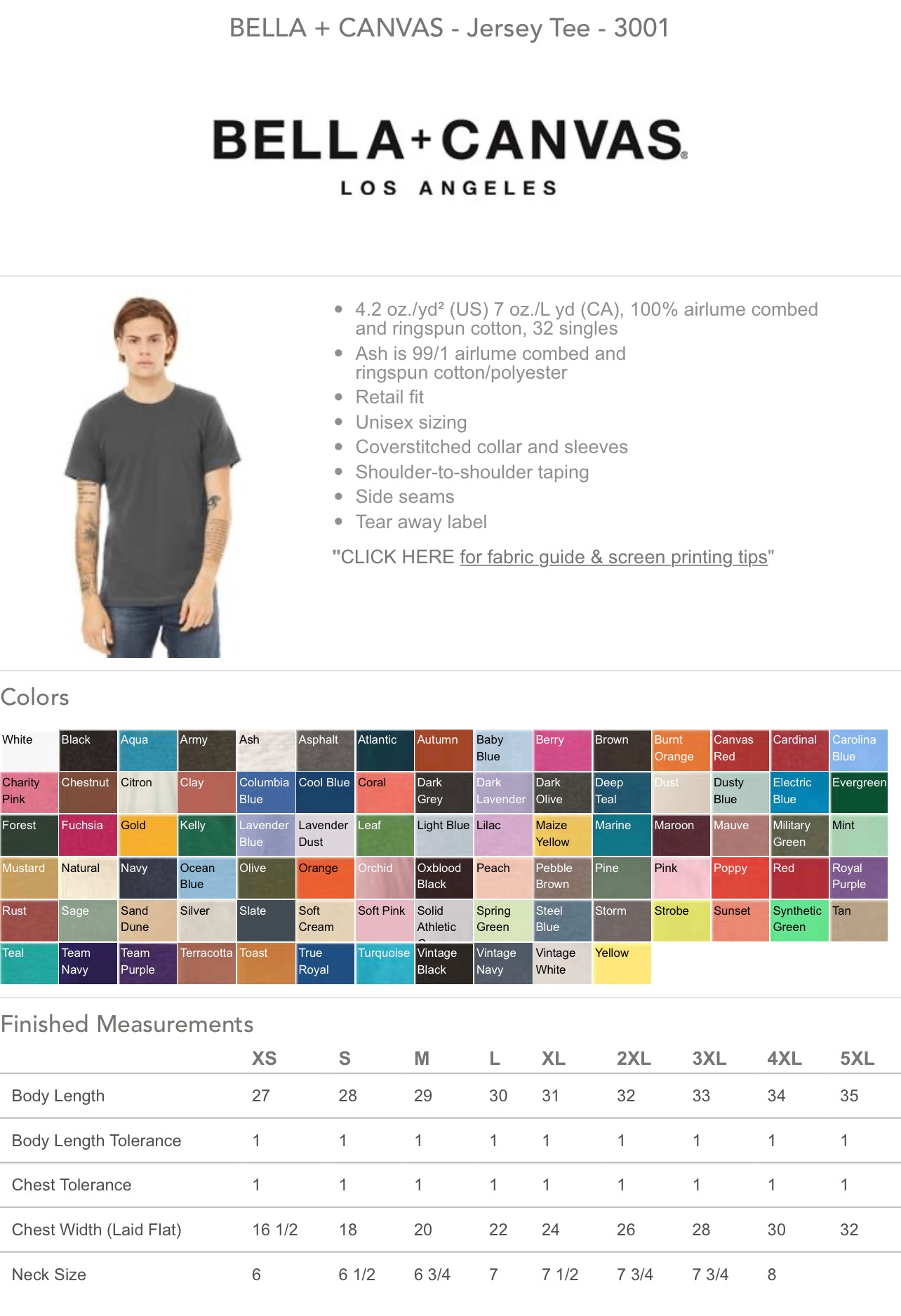Size and Color Charts - Adult Bella Canvas