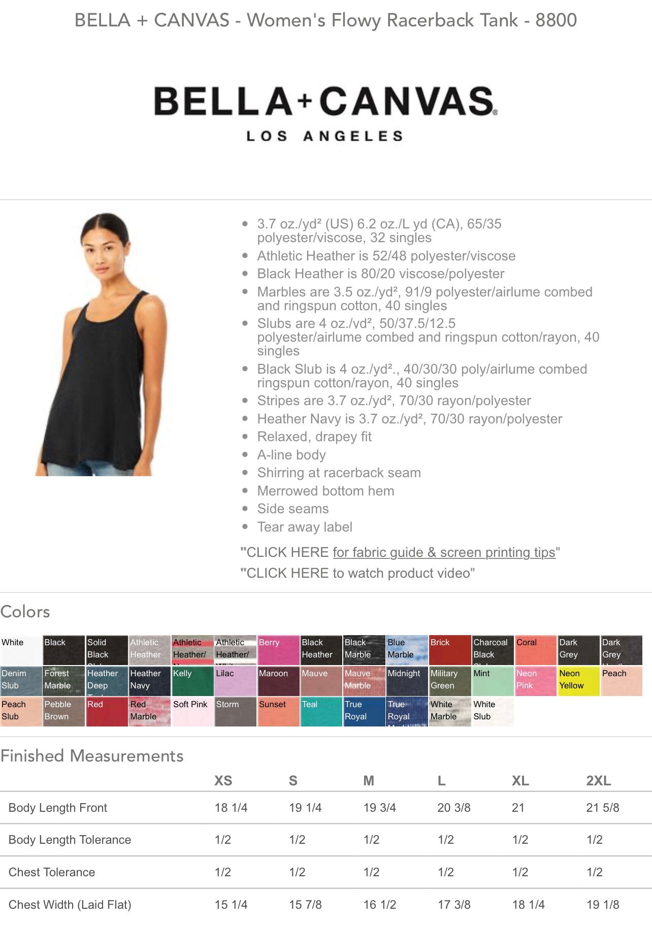 Size and Color Charts - Adult Bella Canvas