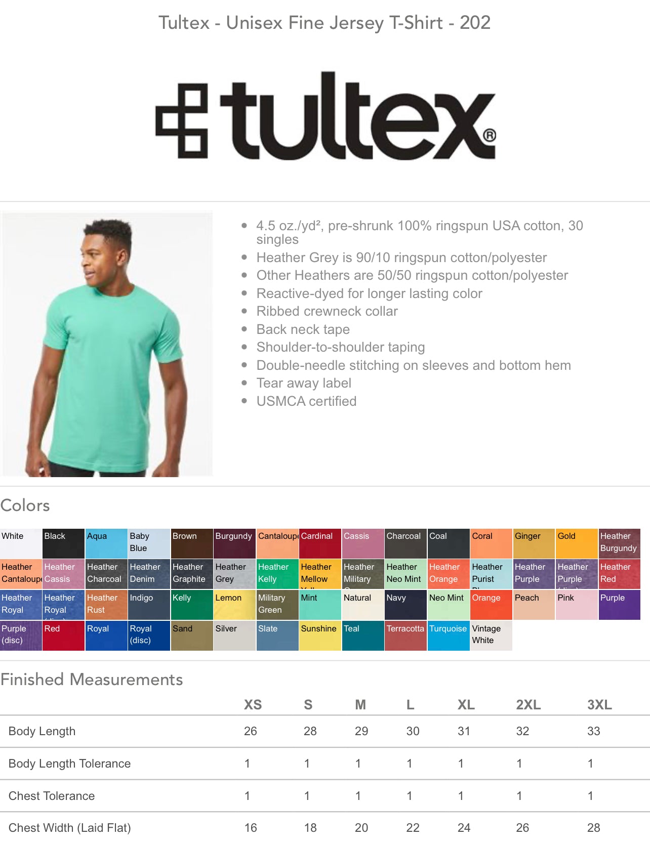 Size and Color Charts - Adult Tultex – Johnnie Sue's